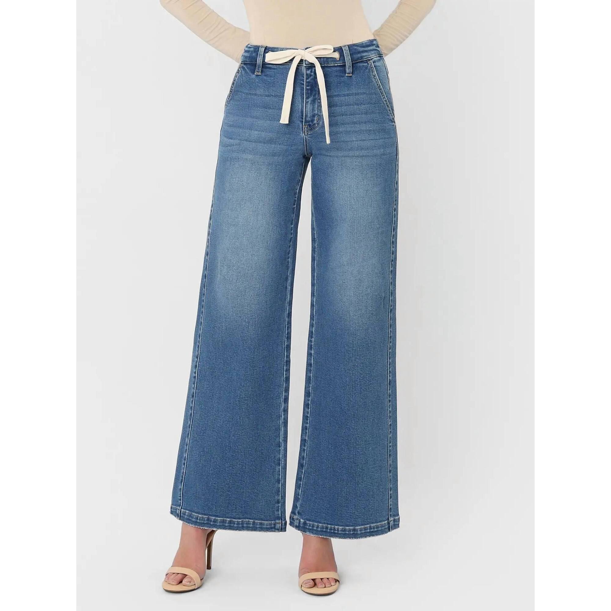 New Vervet By Flying Monkey High Rise Waist Tie Twist Wide Jeans In Medium Dark